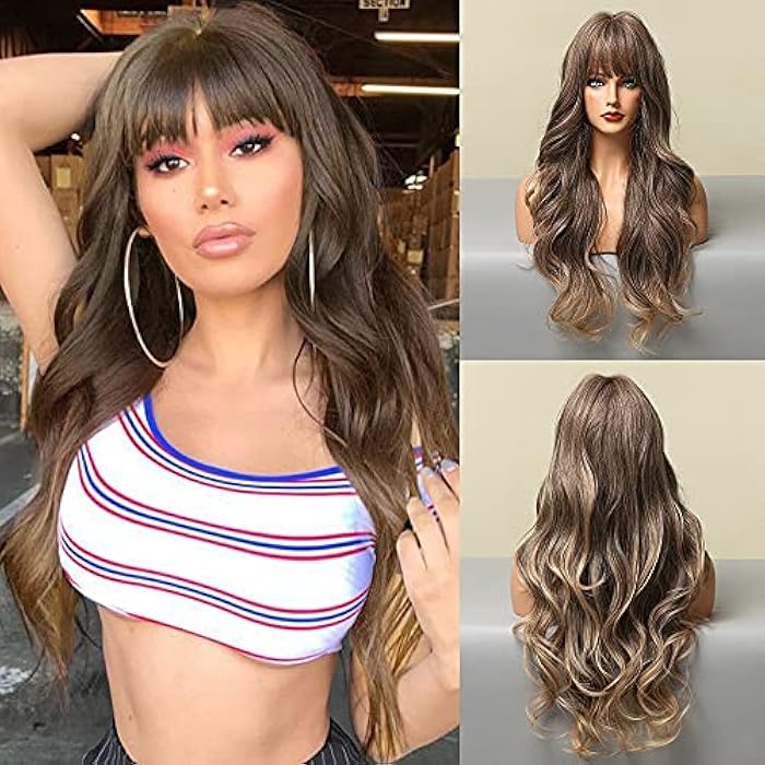 DILLARDS Qihang Brown Long Wavy Synthetic Wig With Fringe For Women, 61Cm - Image 5